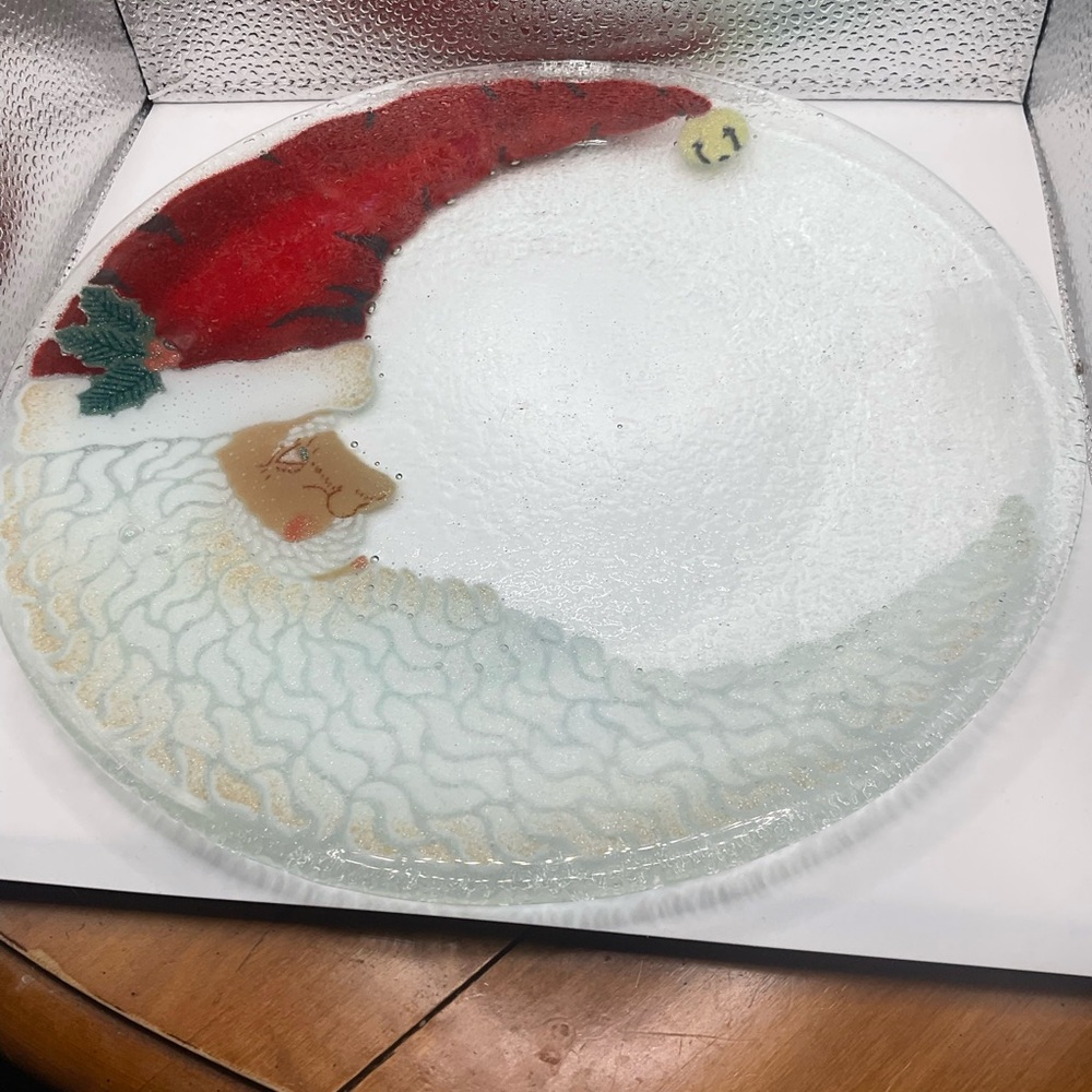 (Host Pick) Peggy Karr Glass 11” Round In Santa Design Serving Platter